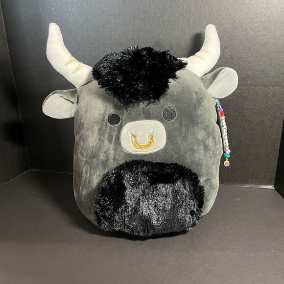 Squishmallow 12" Lake Black Bull Select Series w/Beaded "I ♡ SQUISH" Charm Plus